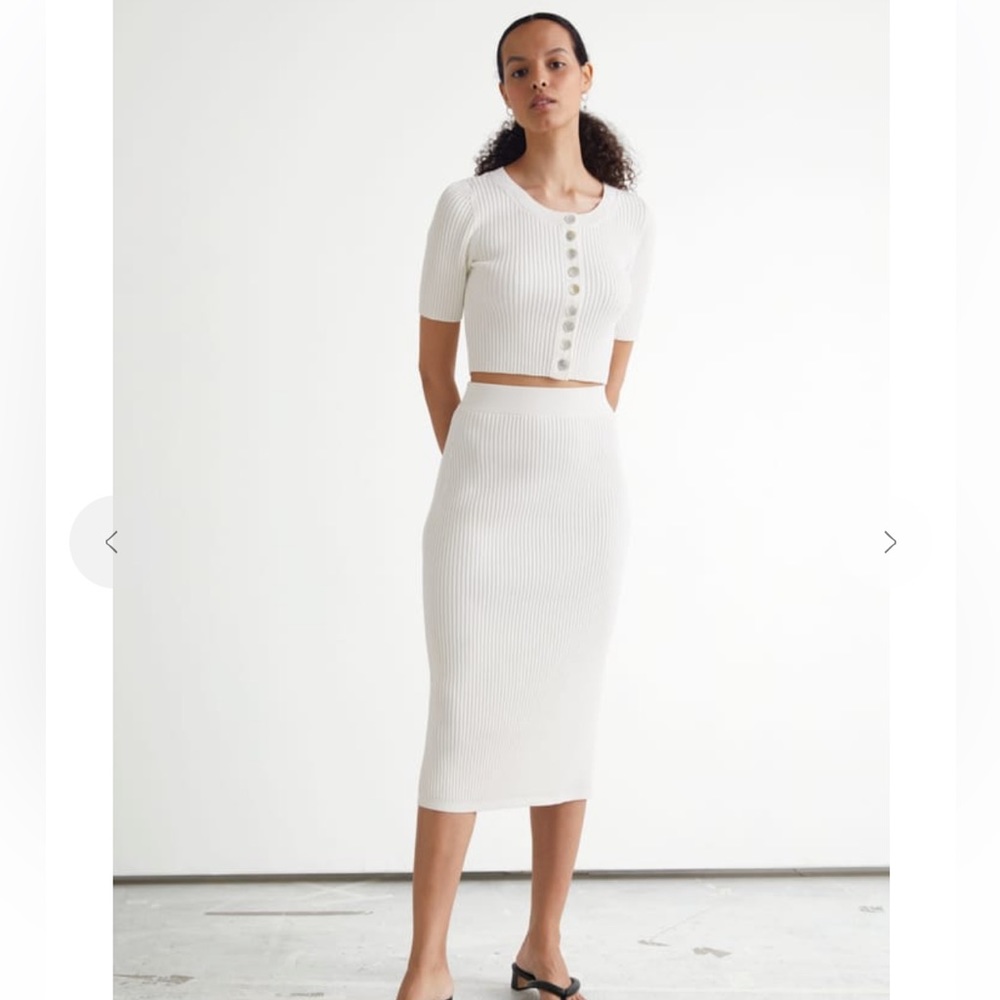 & Other Stories Ribbed Midi White Pencil Skirt